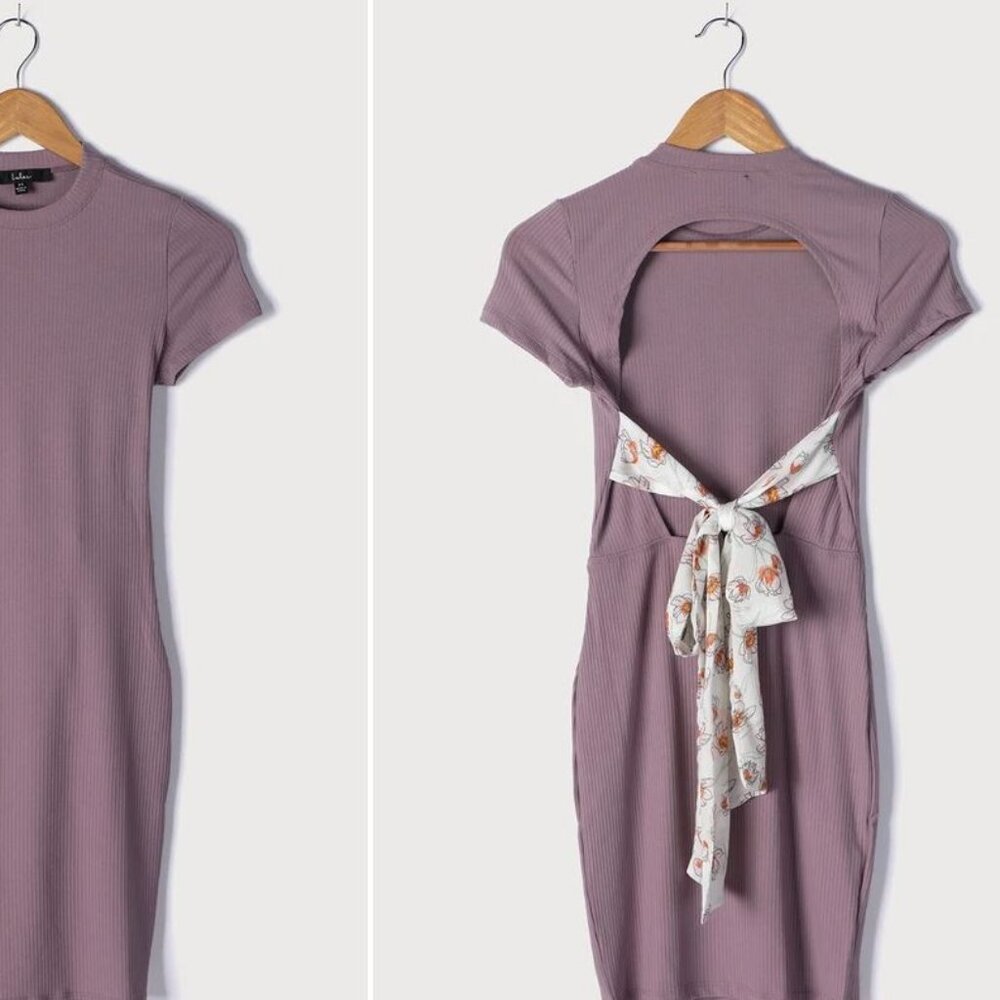 Major Cutie Dusty Purple Ribbed Tie-Back Bodycon Mini Dress